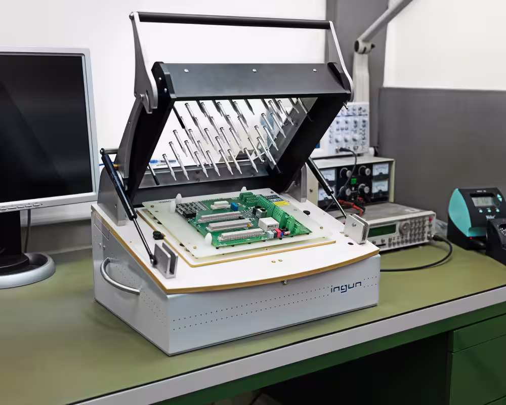 Elektronische Prüfmaschine mit Testsonden auf einer Leiterplatte in einem Labor.