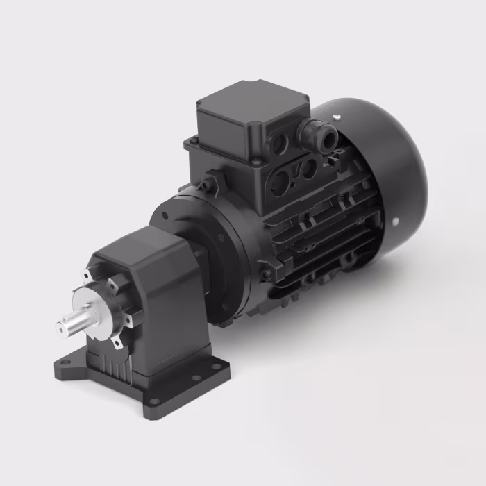 Schwarzer Elektromotor mit Stirnradgetriebe auf hellem Hintergrund.