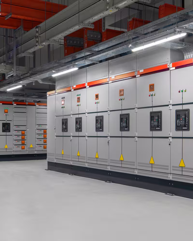 Raum mit großen grauen Schaltschränken und orangen Warnsymbolen in einer Industrieanlage.